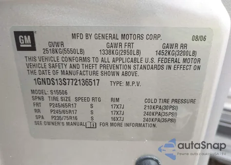 2007 Chevrolet Trailblazer Ls from USA, damaged, VIN 1GNDS13S772136517